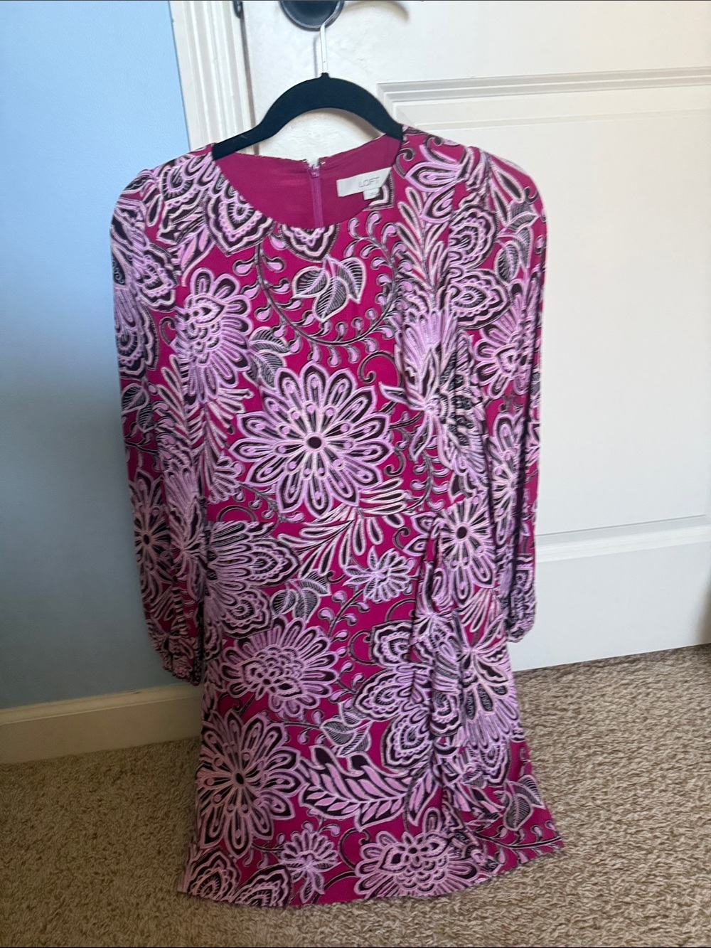 LOFT Fuchsia and Light Pink Floral Long Sleeve Shift Dress